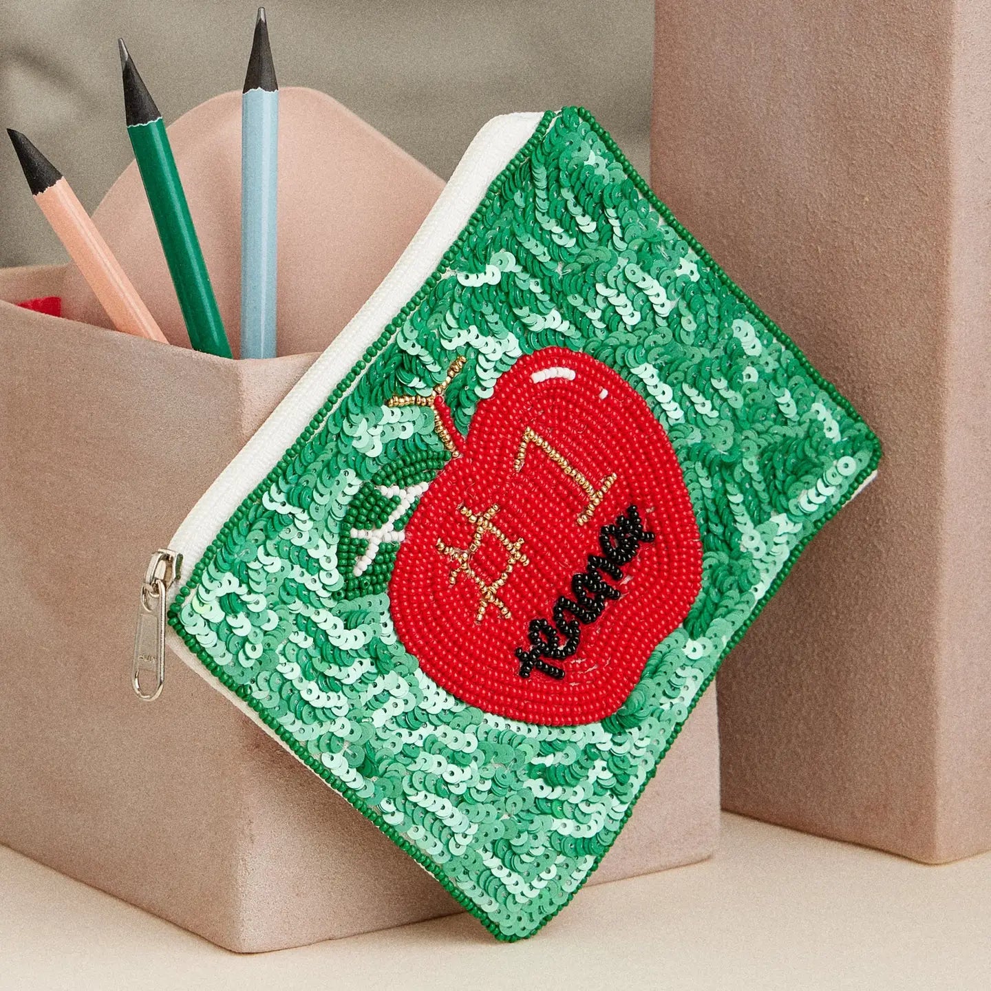 Beaded Apple Zip Pouch "#1 Teacher" Sequin Gift