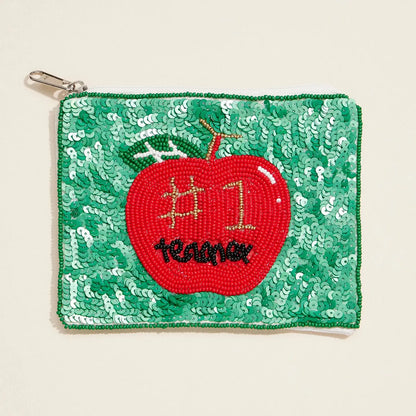 Beaded Apple Zip Pouch "#1 Teacher" Sequin Gift