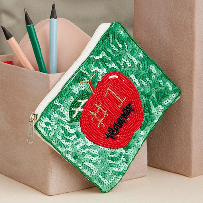 Beaded Apple Zip Pouch "#1 Teacher" Sequin Gift
